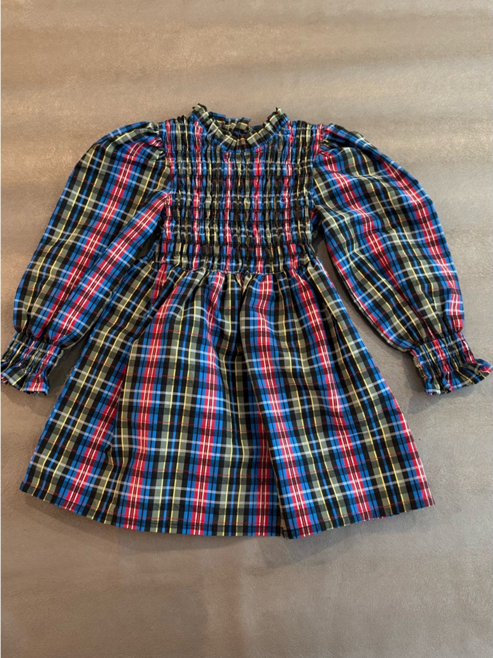 The New Society Smocked Plaid Long-Sleeve Dress in Blue, Red, Green. Size 2
